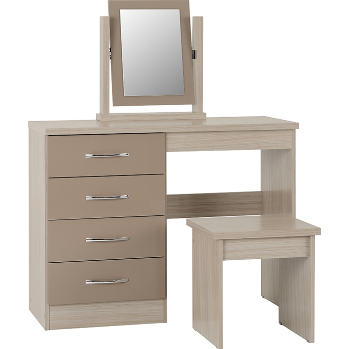 Nevada 4 Drawer Dressing Table Set In Oyster Gloss & Light Oak